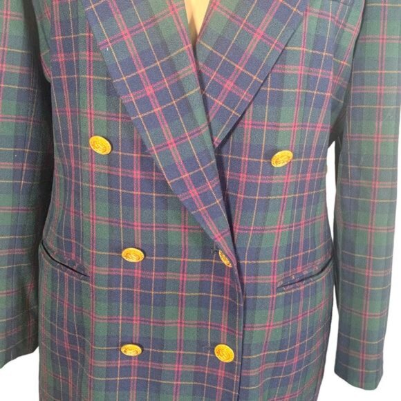 Vintage JHCollectibles Skirt Suit Double Breasted Blazer Wool Green Red Plaid - Picture 7 of 16